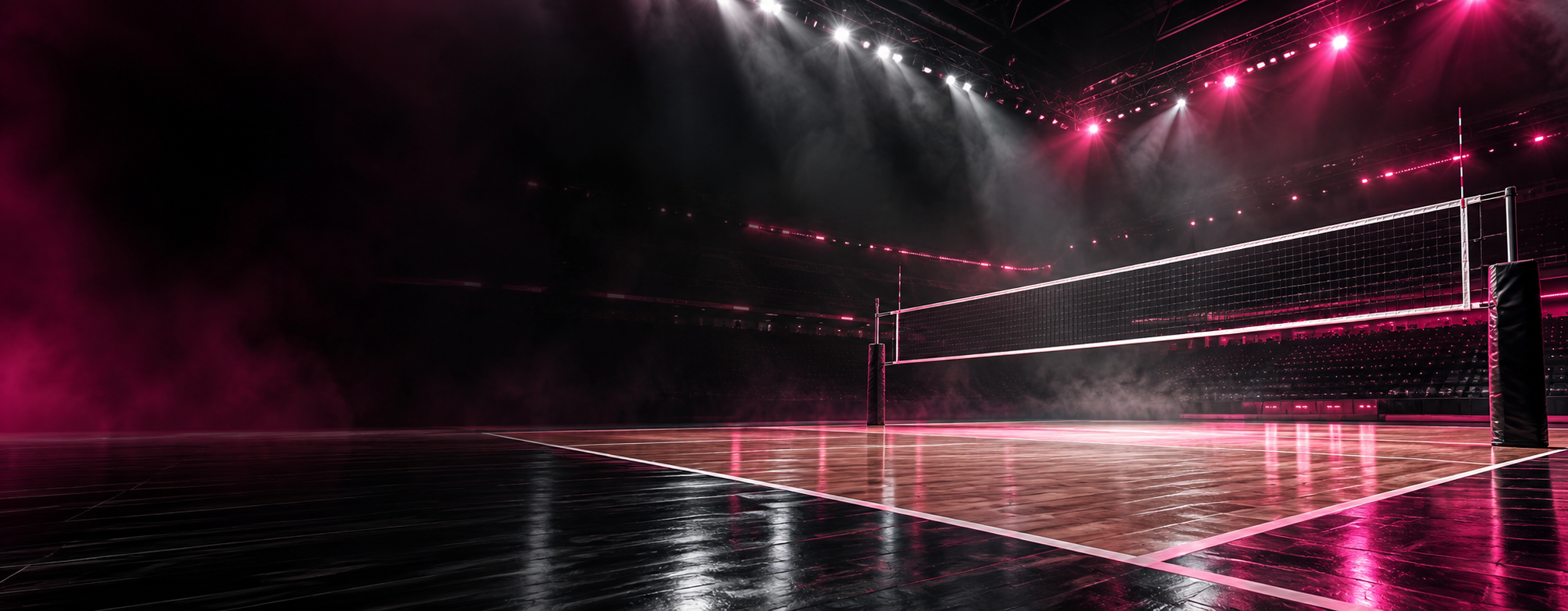 An empty volleyball court lit in BAMVC pink before a match